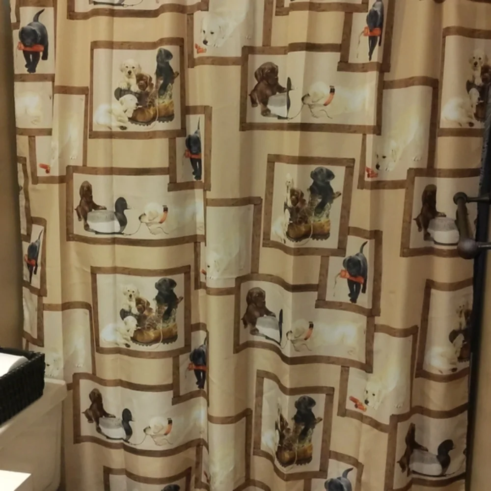 EUC Bacova Tan Shower Curtain w/Fun Retriever Puppies Design Sz 72
